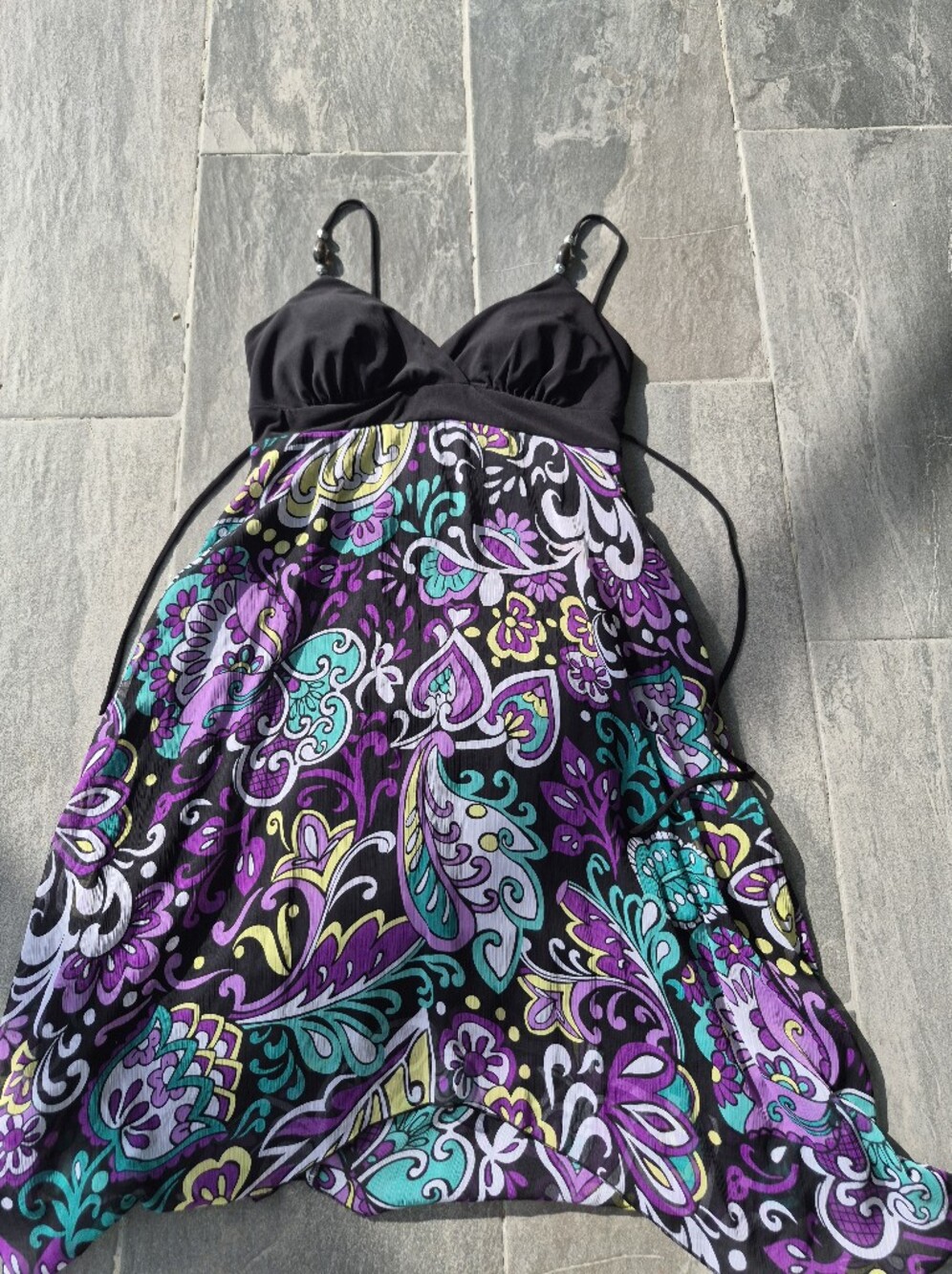 Candie's Black Floral Paisley One-Piece Swim Dress with Teal & Purple Accents